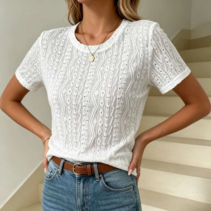2026 Summer Women's White Hollowed Out Round Neck Casual Short Sleeved Ladies T-shirt  New Loose Fit Elegant Versatile Top