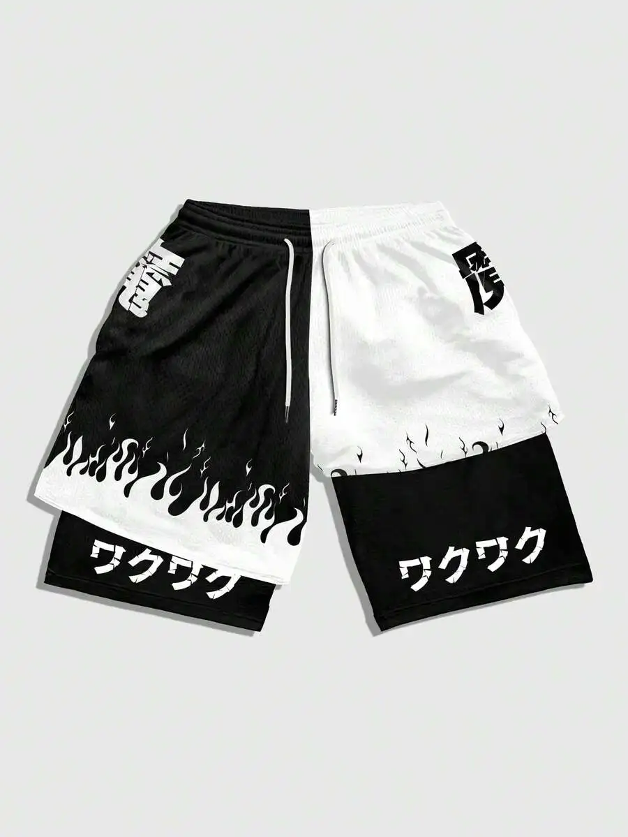 

Mens Anime-Inspired Flame Graphic Basketball Shorts With Drawstring Waist, Casual Summer Wear For School And Daily Use