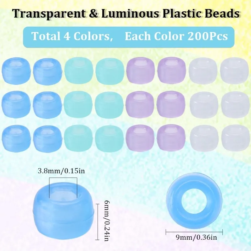 800Pcs Pony Beads Bulk 6x9mm Glow in The Dark Pony Beads Plastic Luminous Pony Beads Blue Purple Opaque Braid Loose Spacer Beads