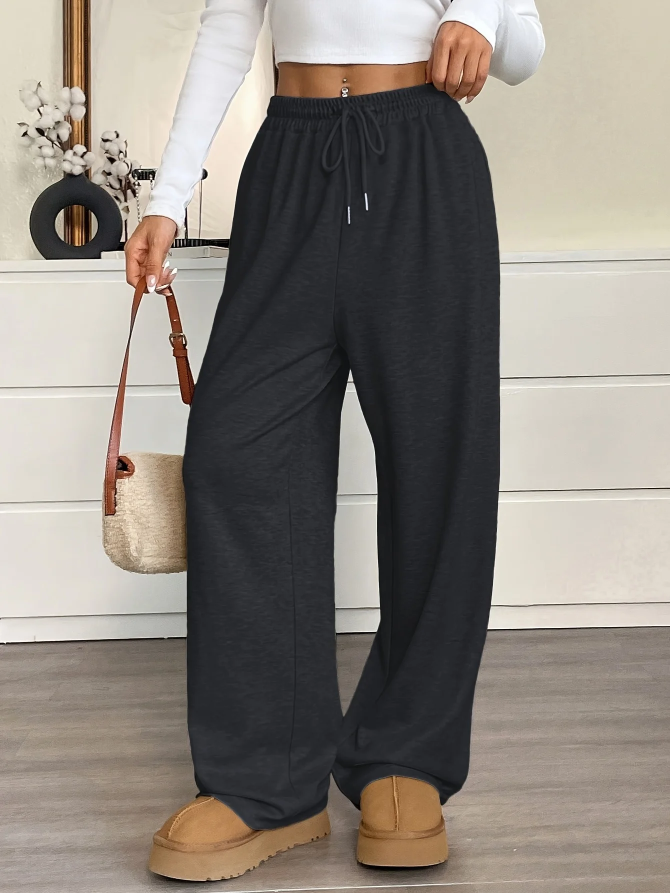 Casual Wide Leg Pants Solid Color Long Length Pocket Details Suitable for Fall/Winter
