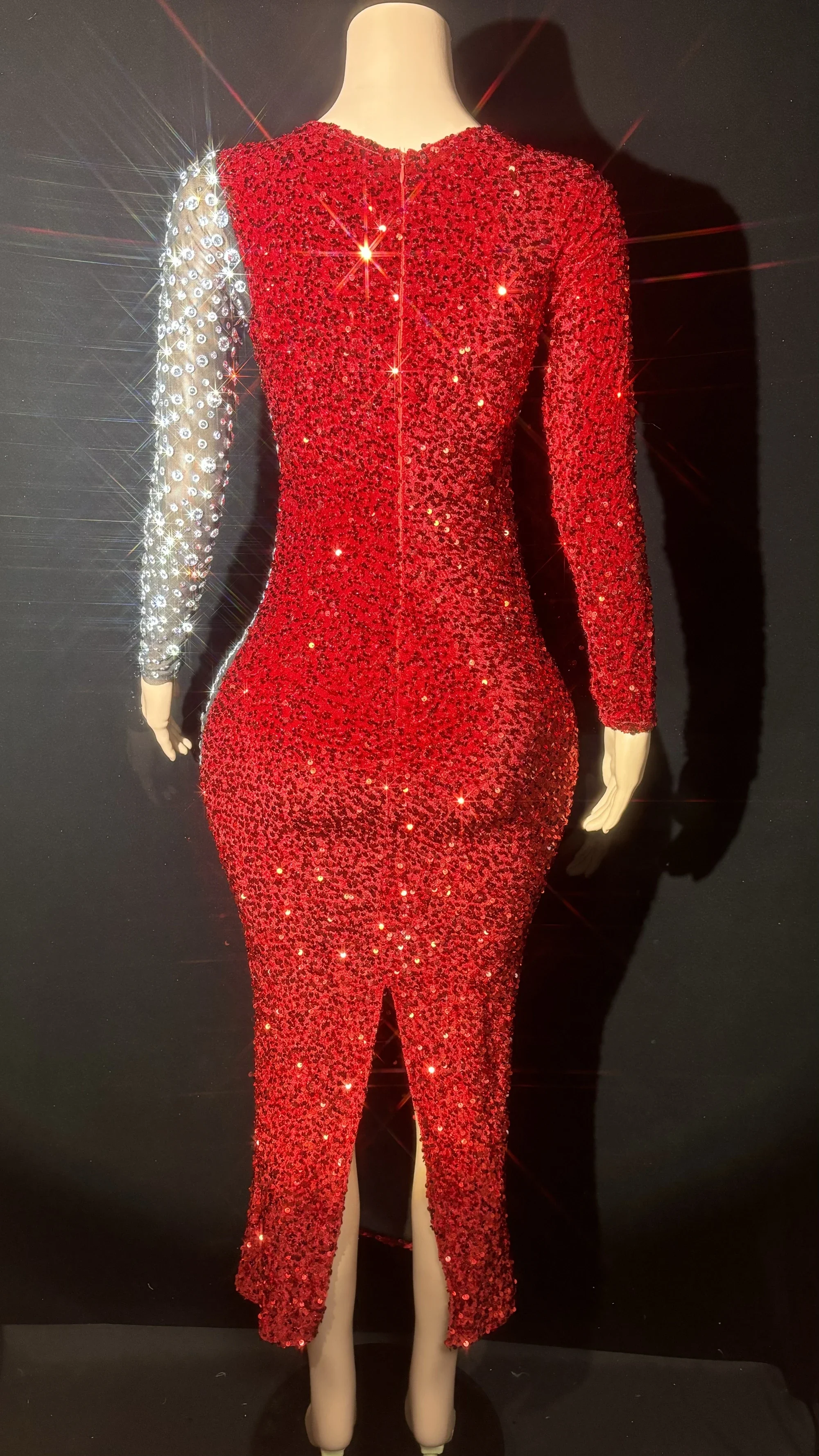 Vestido de lentejuelas rojas con diamantes de imitación intermitentes, vestido de vaina con abertura trasera de costura Sexy, traje de actuación de fiesta de noche, ropa de escenario de cantante y bailarina