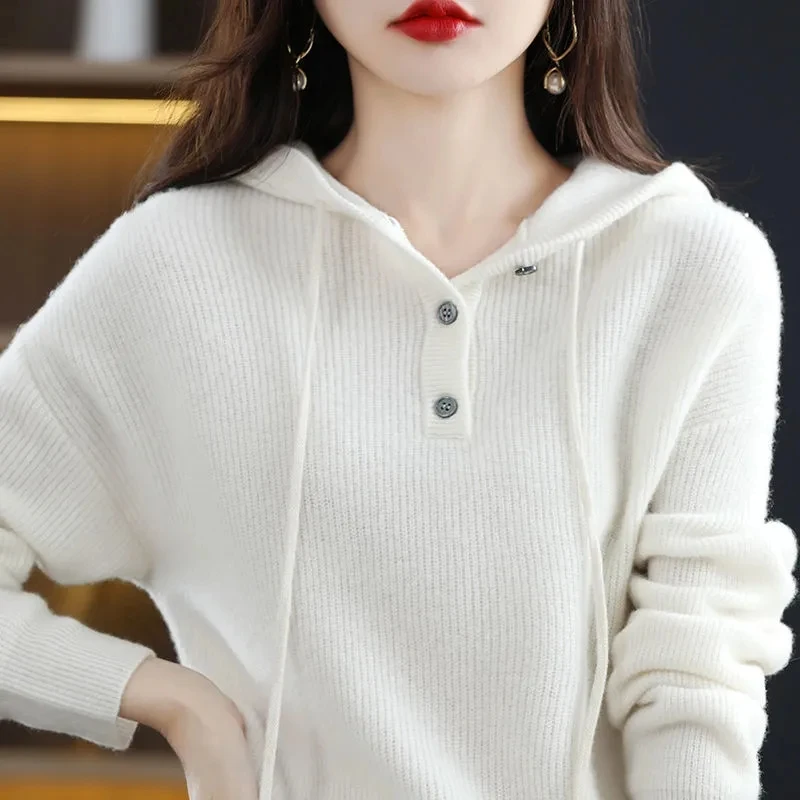 Effen kleur kasjmier trui met capuchon dames hoodie luie wind herfst winter plus size vet MM trui dieptepunt shirt wit