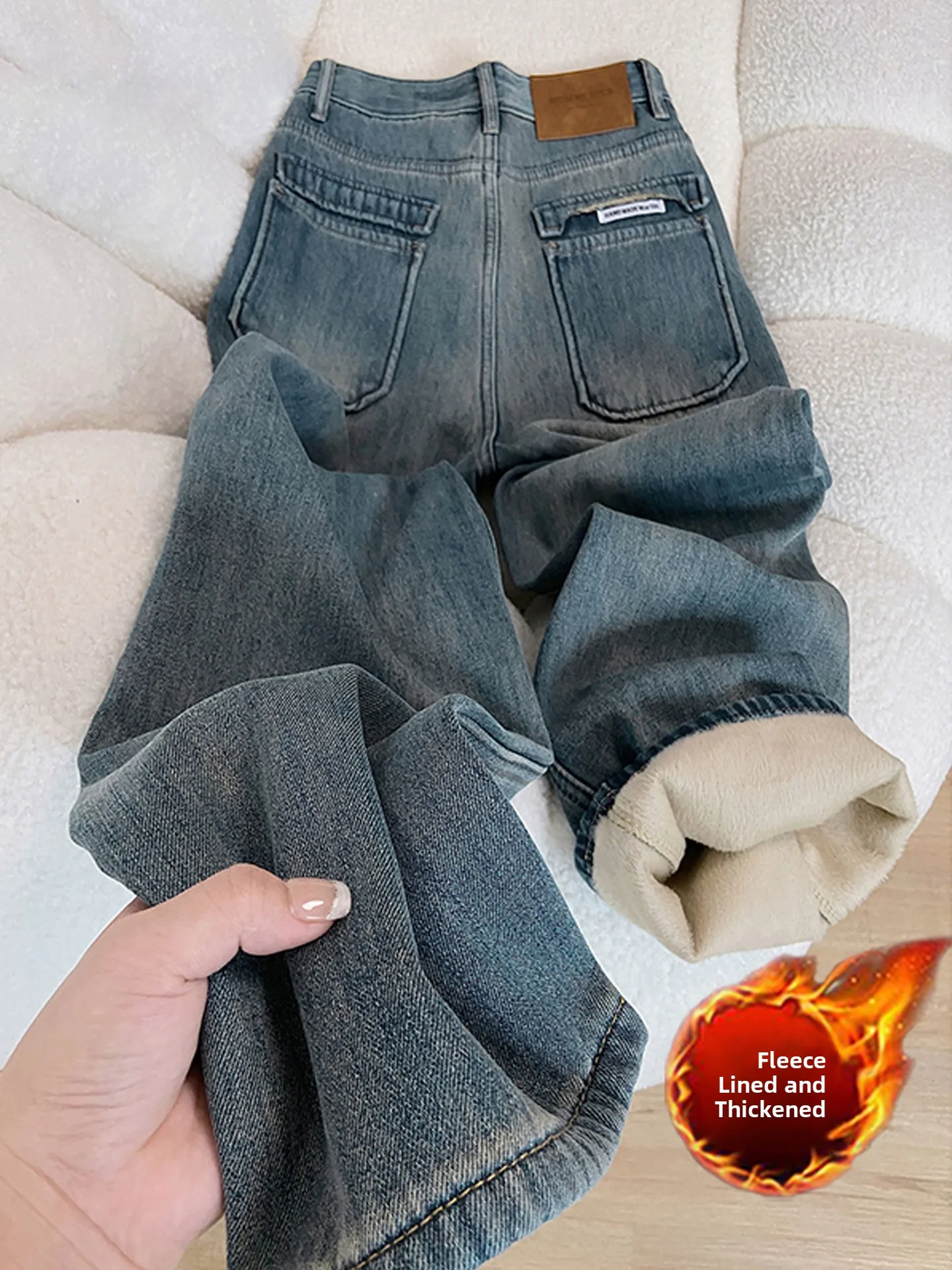 

Retro Blue Wide Leg Denim Jeans Women's Thickened Fleece Loose plus Size Slimming Straight Cut Trousers Autumn Winter