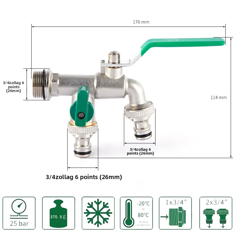 Garden 1/2'' 3/4'' Brass Water Faucet Water Splitter 1-Way 2-Way Connector Coupling Adapter Valve Switch Irrigation Tap Replace