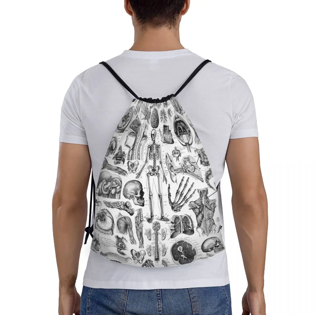 

Human Anatomy White Print Backpacks Fashion Portable Drawstring Bags Storage Bag Book Bags For Man Woman Students
