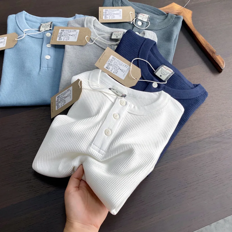 Short-Sleeve Style! Heavyweight Waffle Fabric! American Retro Henley Collar, Foreign Trade Men's Summer Base Shirt, Short-Sleeve