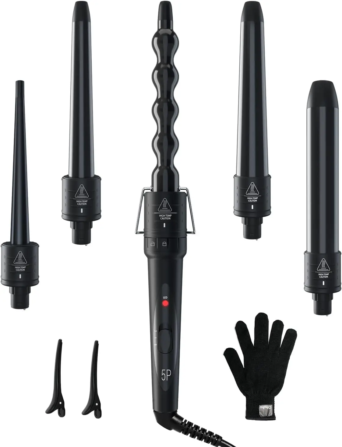 

5 in 1 Curling Wand Set: 5 Interchangeable Barrels 0.35-1.25 Inch, Dual Voltage, Heat Glove & Clips, for All Hair Types