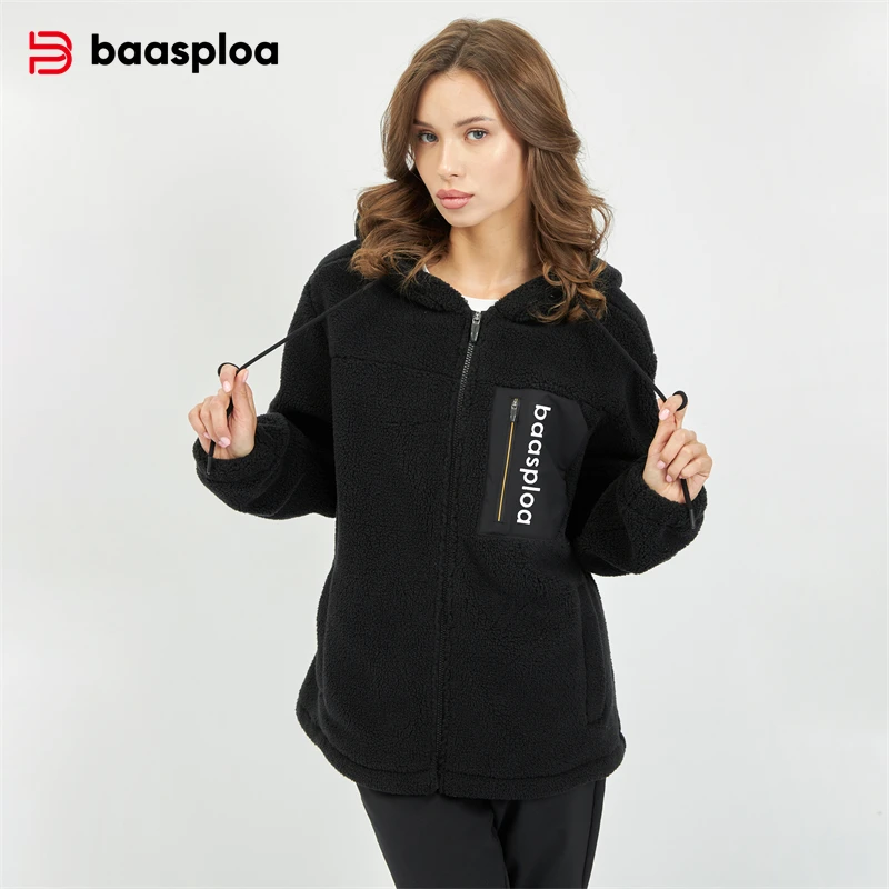 Baasploa Fleece Jackets Women Winter Warm Casual Zipper Hooded Sweatshirts Female Fashion Solid Color Long Sleeve Hoodies
