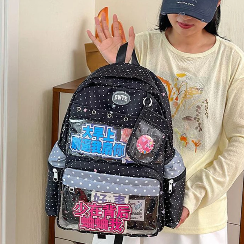 Fashion Backpack With Transparent Display Window,Large Capacity Teen Girls Students Polka Dot School Bag,Lightweight Bookbag
