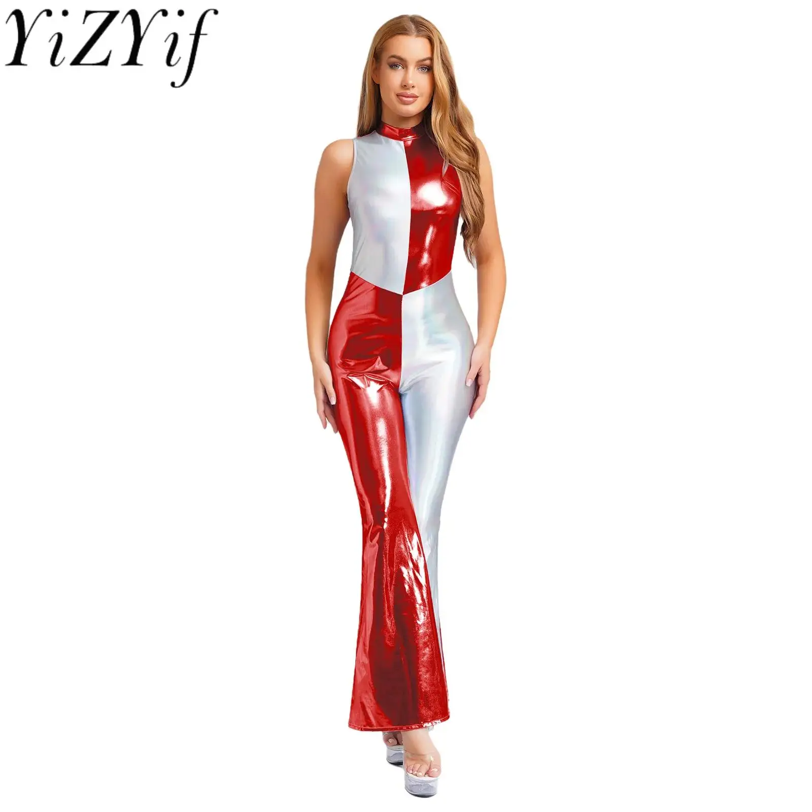 

Women's Fashion Patchwork Shiny Jumpsuit for 70s Disco Party Hippie Jazz Tap Club Dance Jumpsuits Elegant Slim Fit Dance Costume