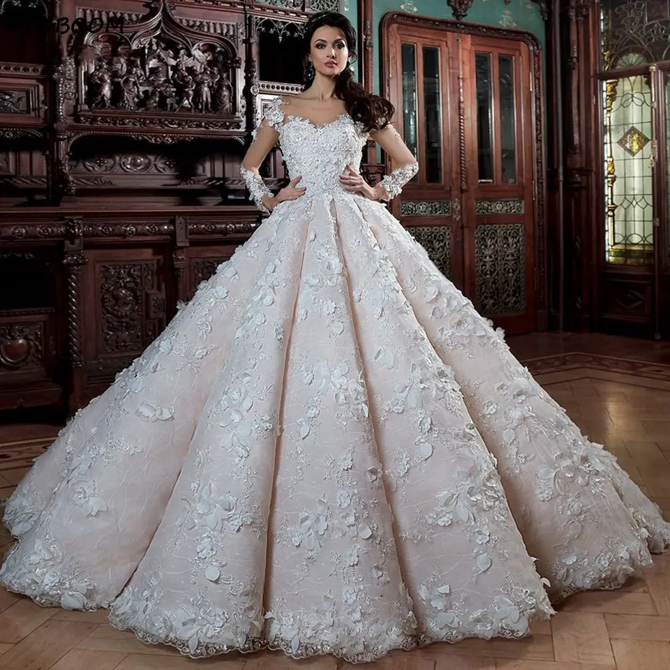 

Luxury Pink Illusion Long Sleeve Ball Gown Wedding Dresses 2023 Princess 3D Floral Appliques Women Bride Gowns Vestidos De Novia