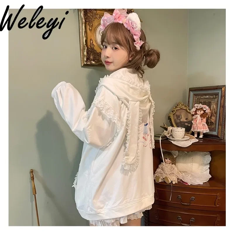 Cute Rabbit Ears Lace Hooded Hoodies Jacket Ropa Mujer 2024 Early Spring New Sweet Versatile College Style Loose Long Sleeve Top