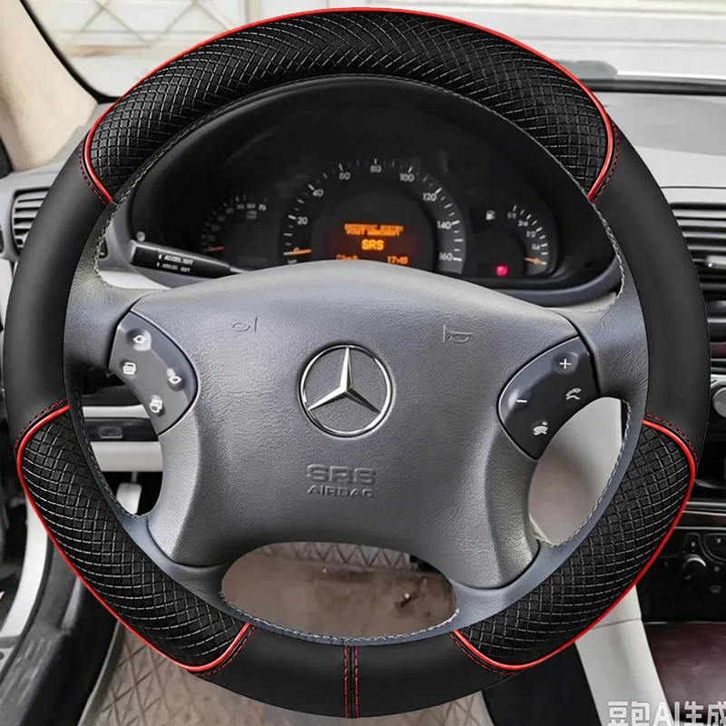 For Mercedes Benz W203 C-Class 2001 2002 2003 2004 2005 2006 2007 Custom Car Steering Wheel Cover DIY Full Coverage Grey Leather
