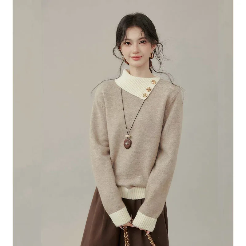 Women Clothing Designer Color Blocking Sweater Autumn/winter Sweet Long Sleeve Pullover Knitted Lady Mock Neck Versatile Tops