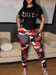 LW Plus Size 2Pcs pants set Camo Queen Letter Print Pants Set Women Casual Tracksuit Basic Slim Tee Shirt Skinny Flared Trousers