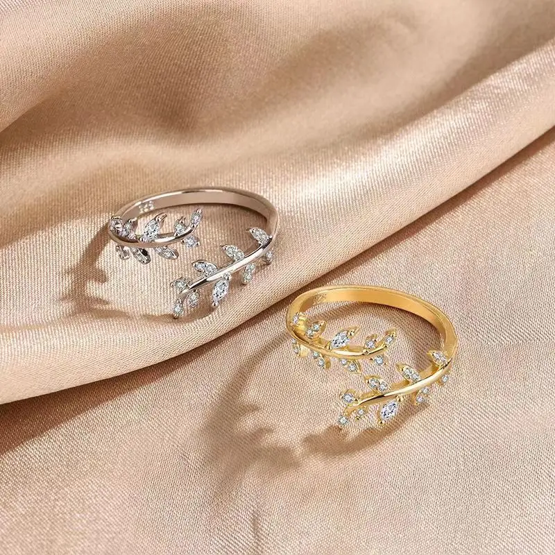 Geometric leaf shaped diamond inlaid open zircon alloy rings, personalized small and fresh leaf branch open ring jewelry gift
