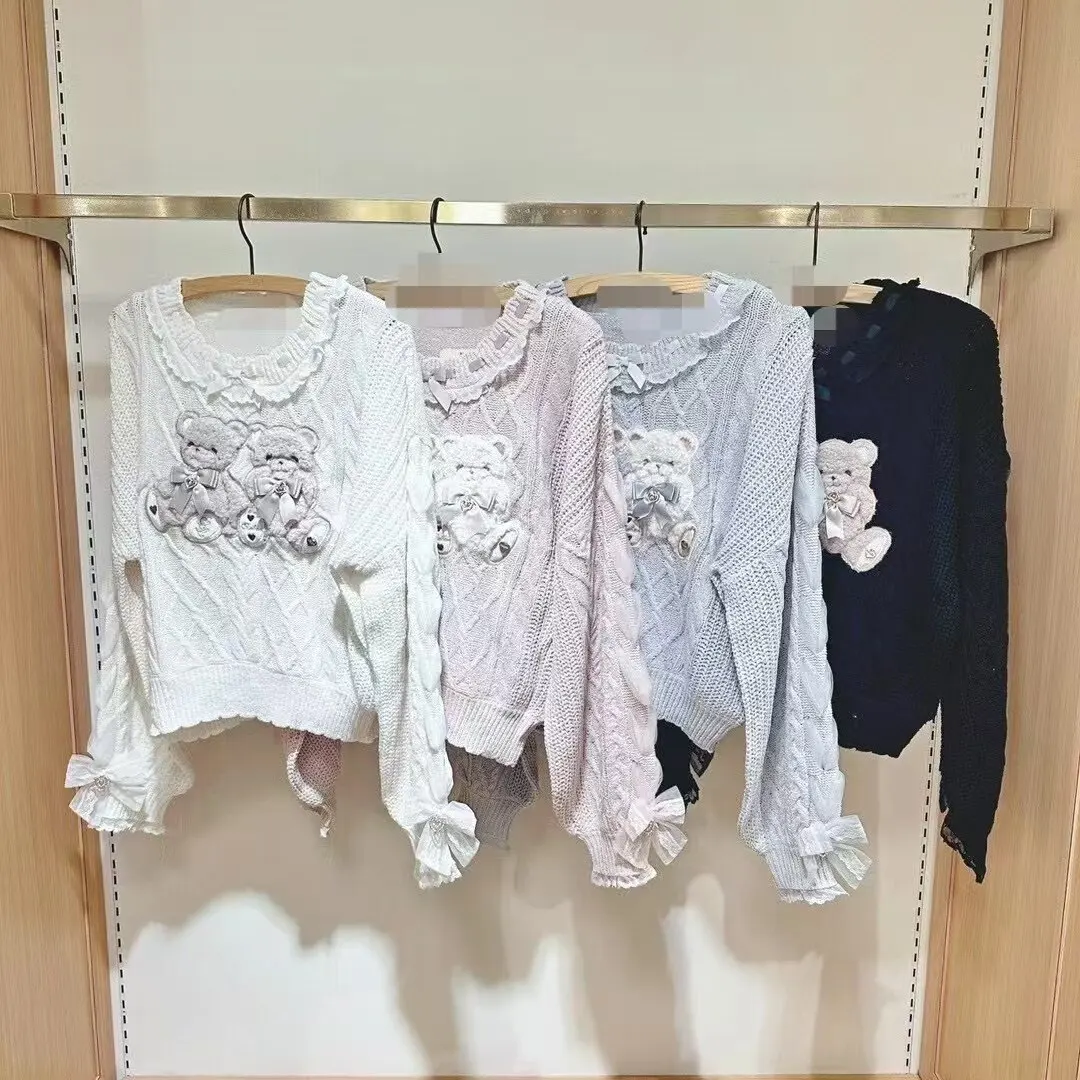 Kawaii Twin Bear Knit Sweater Women Cute Japanese Cartoon Bear Pattern Autumn Warm Classic Restock Cozy Knitwear Pullover