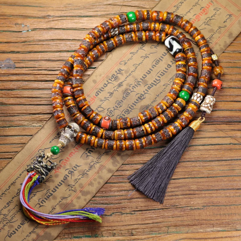 yak-skull-set-108-yellow-stone-beads-multi-loop-hand-held-bracelet-ethnic-style