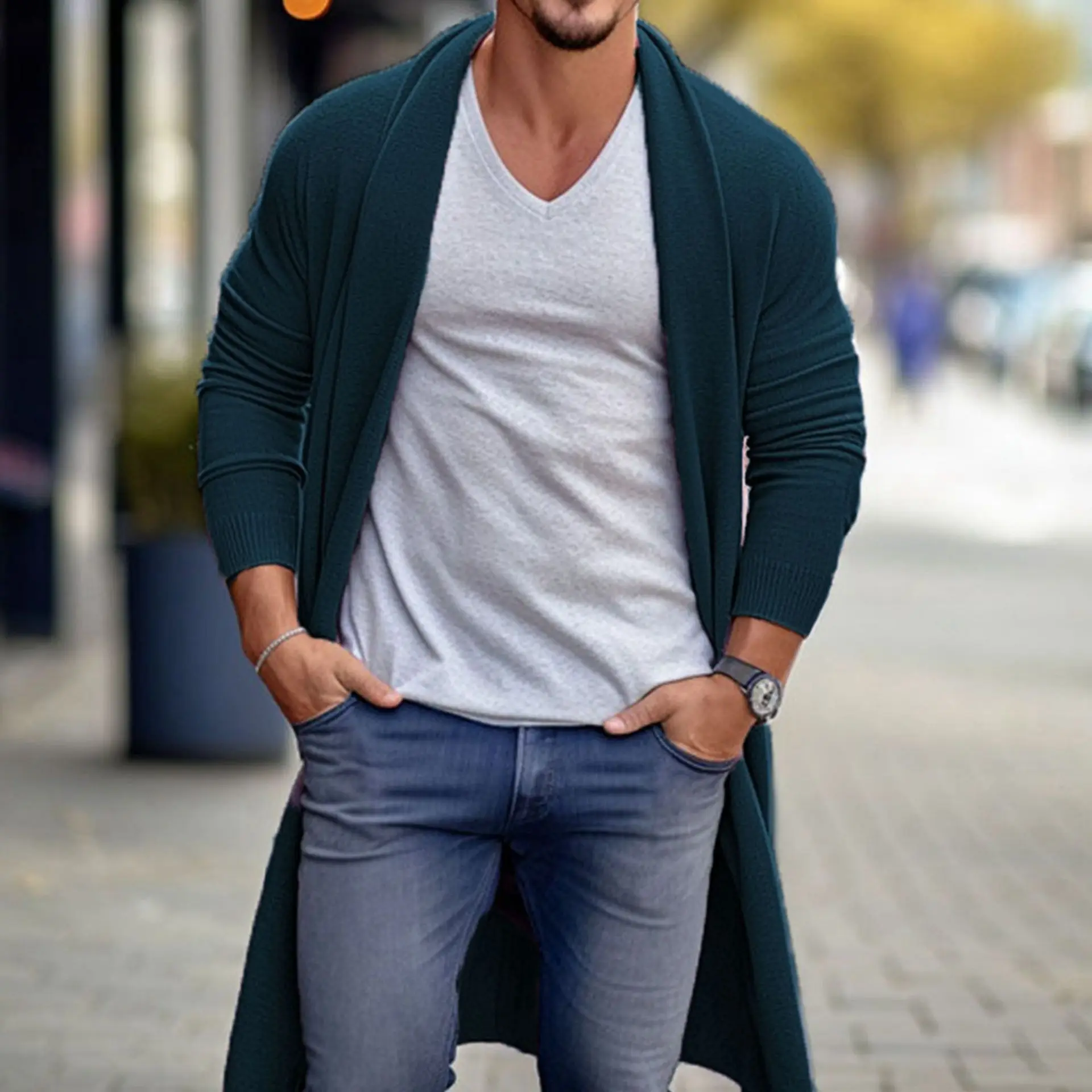 European American Male Fashion Street Knitted Cardigan Spring  Autumn Thin Knit Shirt Men\'s Sweater Loose Long Woolen Coat