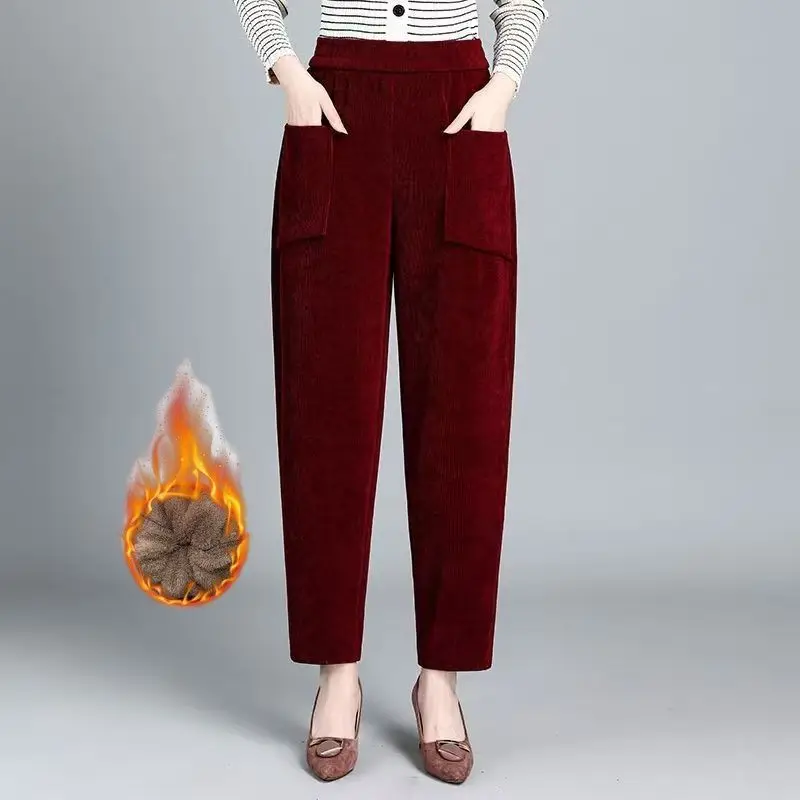 Spodnie sztruksowe z podszewką, proste nogawki, wysoki stan, styl koreański, do pracy, modne, zimowe, codzienne spodnie dla mamy.