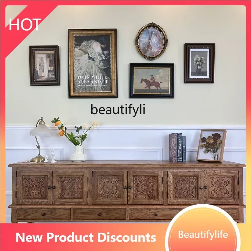 

X F4567 Solid wood carving flower TV cabinet combination retro, oak living room storage, long floor cabinet