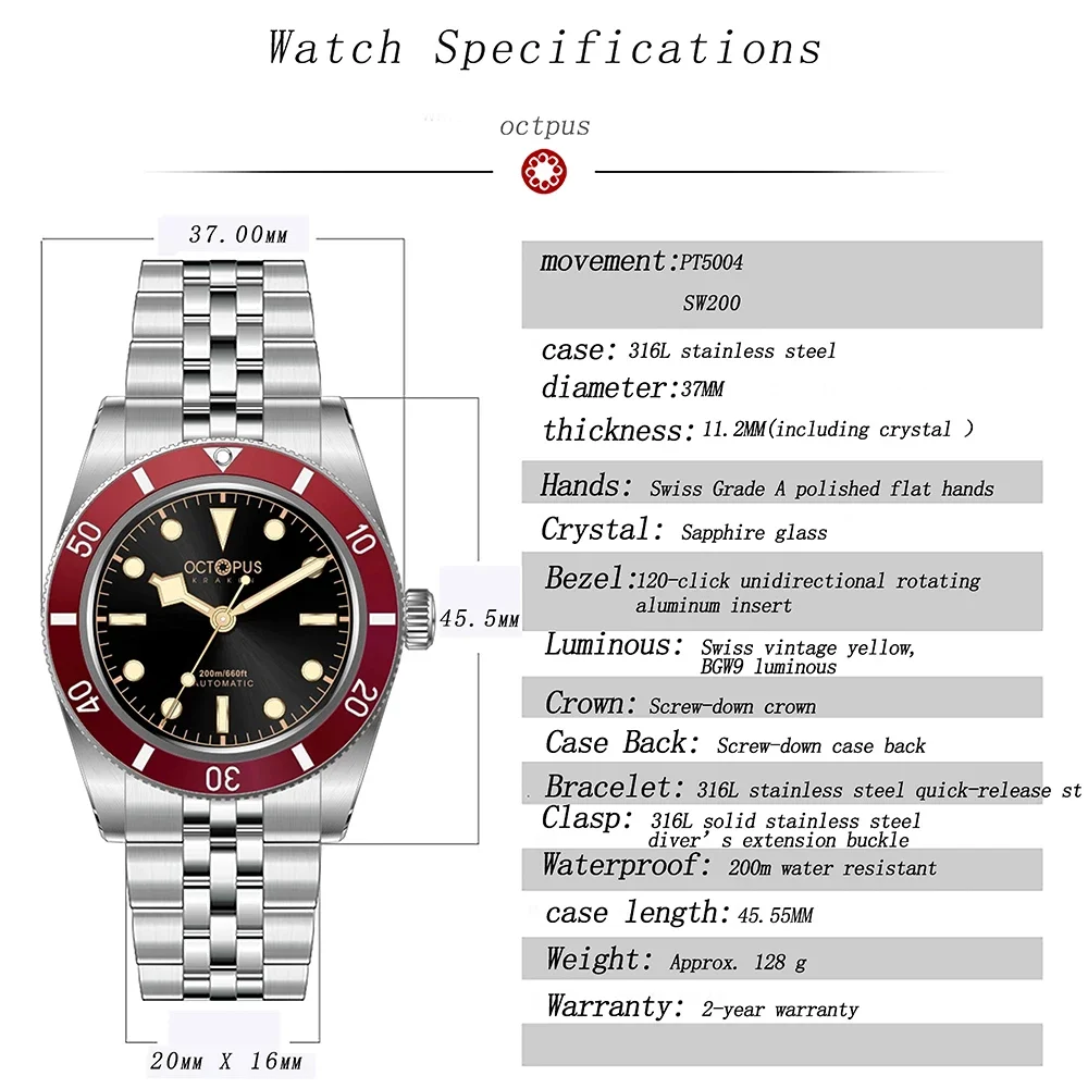 Octopus Kraken 2026 New 37mm Luxury Brand PT/SW Automatic Mechanical Men's Watch Sapphire Stainless Steel 20Bar Diving BGW-9 Man