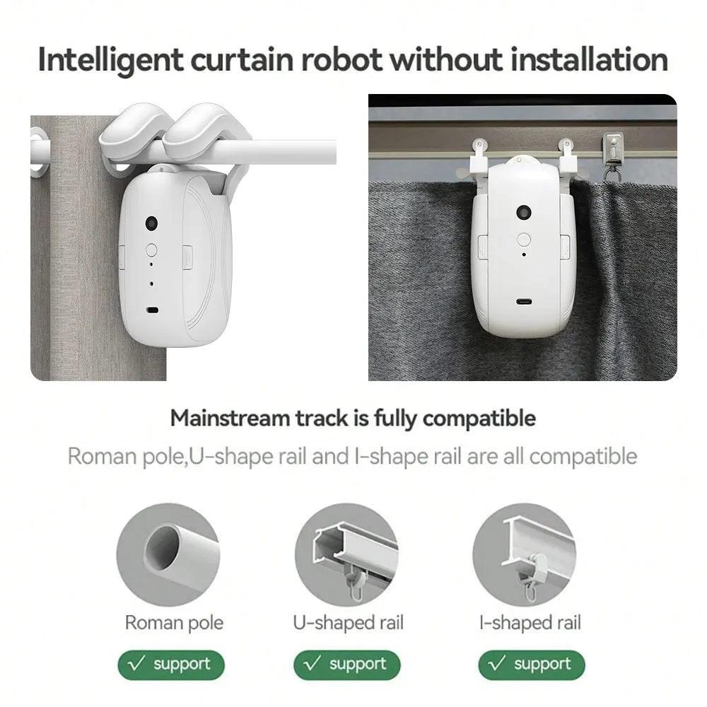 Smart Wi-Fi Curtain Controller - No Installation Required, App Controlled, Timer,  Light Sensor For Roman Rod / T / U Track 3in1