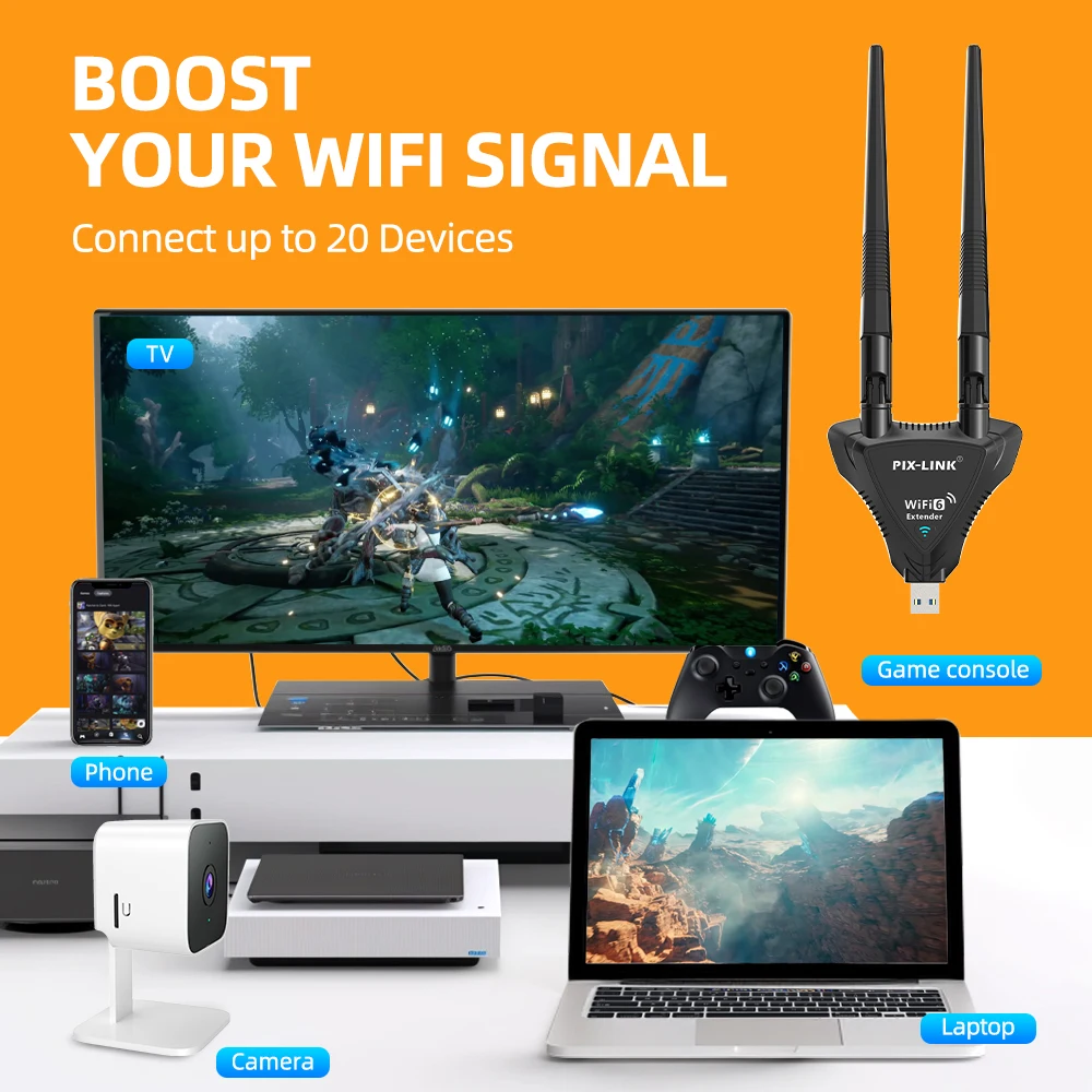 픽스링크 1800Mbps WiFi6 확장기 증폭기 리피터 |   듀얼 밴드 2.4G/5GHz 무선 신호 증폭기(2개 안테나 포함) UE09AX