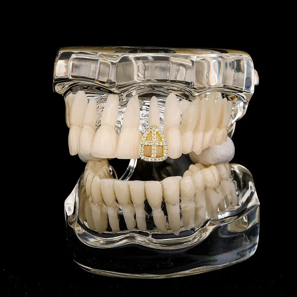 Trend Hollow Cubic Zircon Cross Teeth Grillz Hip Hop Gold Silver Color CZ Stone Tooth Caps For Women Men Jewelry Dental Grills