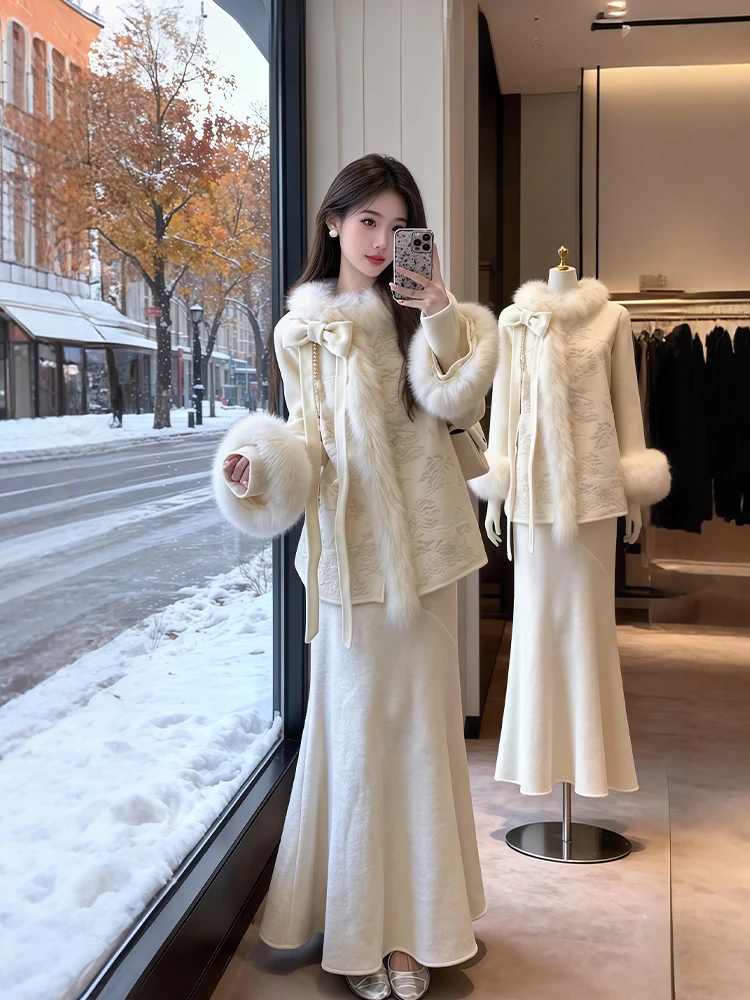 Winter Faion plus Size Women's Coat And Dr Set Fi Tail Skirt with Fur Collar Traditional Chinese Sle Warm Polyester