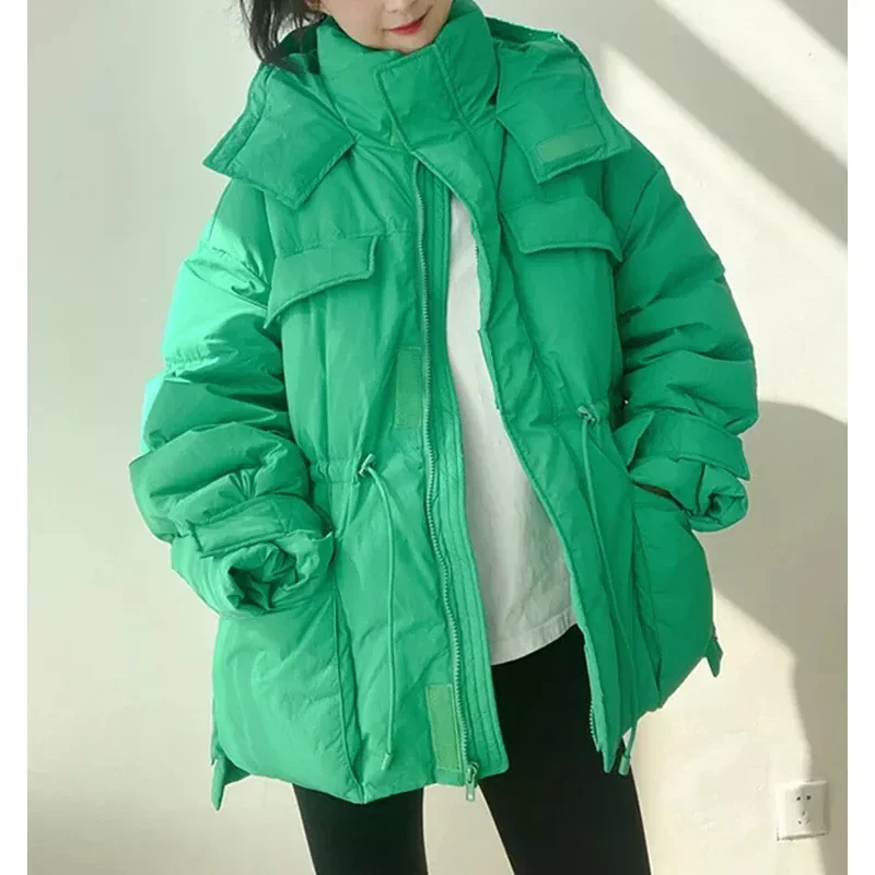 New Winter Hooded Parkas Warm Jacket Women\'s Down Cotton Coat Irregular Fluffy Bubble Drawstring Waist Loose Coat Cotton Coat