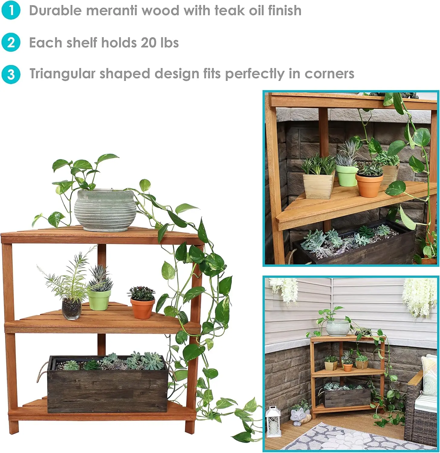 Wood 3-Tier Corner Plant Stand Shelves with Teak Oil Finish - Indoor/Outdoor Wooden Planter Furniture - Potted