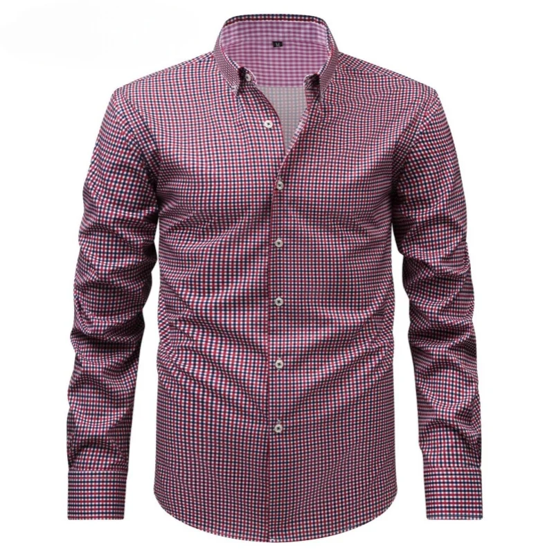Spring Autumn Men's Lapel Long Sleeve Printed Shirt Business Casual Slim Fit Checkered Shirt