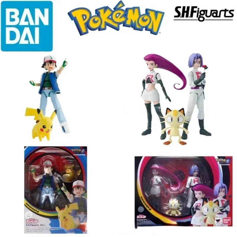 

Bandai Original Pokemon S.H.Figuarts SHF Ash Ketchum Pikachu Jessie James Meowth Anime Action Figures Toys for Kids Gift