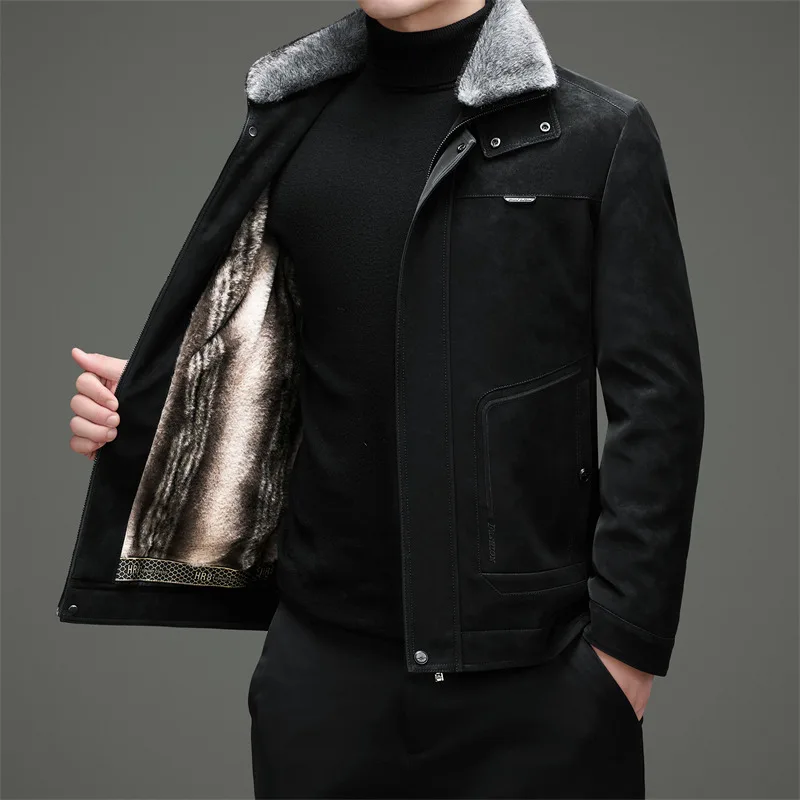 Men's Lapel Detachable Fur Collar Fleece Lined Jackets New 2026 Winter Business Casual Thicken Warm Plush Coats Outerwear Parkas