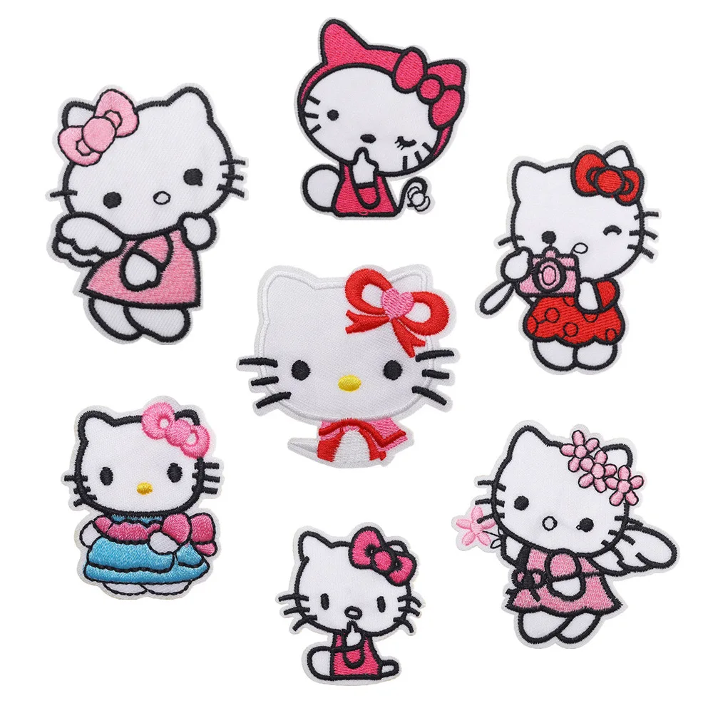 7-15pcs/Set Miniso Sanrio Hello Kitty Embroidered Patches For Clothing Thermoadhesive Patches Cartoon Badges Iron On Clothes DIY