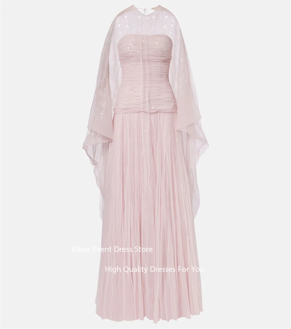 Xikuo كريستال مطرزة كيب الأكمام فساتين السهرة الوردي ألف خط Vestidos De Fiesta Ruched حمالة فساتين المشاهير مخصصة