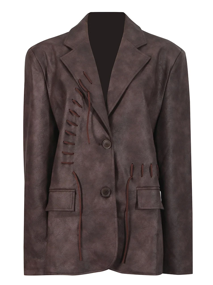 YERMORA Coffee PU Leather Irregular Bandage Blazer For Women Lapel Long Sleeve Loose New Jacket Fashion Tide Sring Autumn 2025