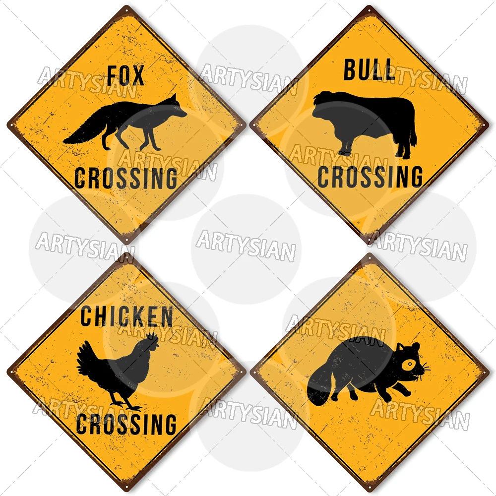 Traffic Safety Wildlife Warning Metal Sign Animal Crossing Plaque Bee Bigfoot Bunny Cat Cattle Chicken Bear FOX GOAT Raccoon
