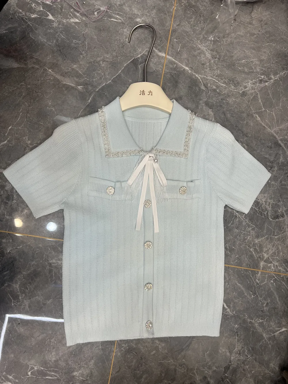 

Summer New Thin Pullover Female Sweater Tshirt Simple Solid Vertical Beaded Button Lace Lapel Bowknot Knitwear Tops