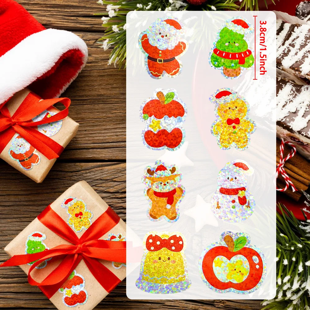 500Pcs Holographic Christmas Stickers Roll, Cute Gingerbread Man Santa Stickers, Gift Box Sealing Labels for Xmas Scrapbook DIY