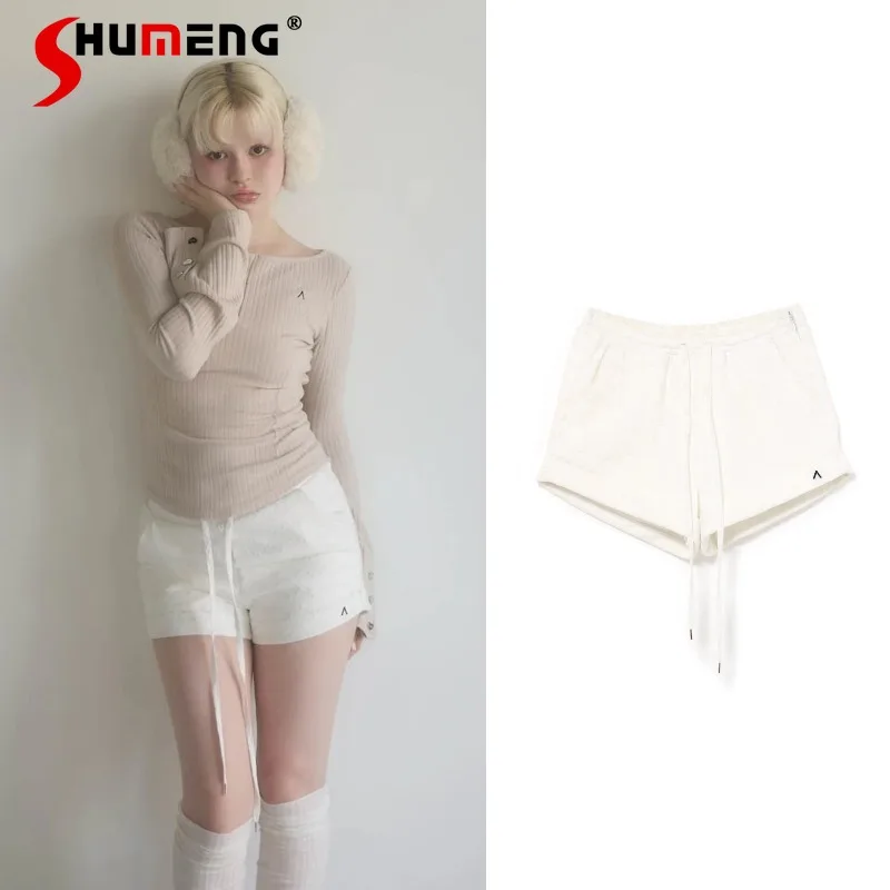 

Japanese Style Unique Design Slimming Versatile Cotton Embroidered Drawstring Mini Shorts For Women's Black White Short Pants