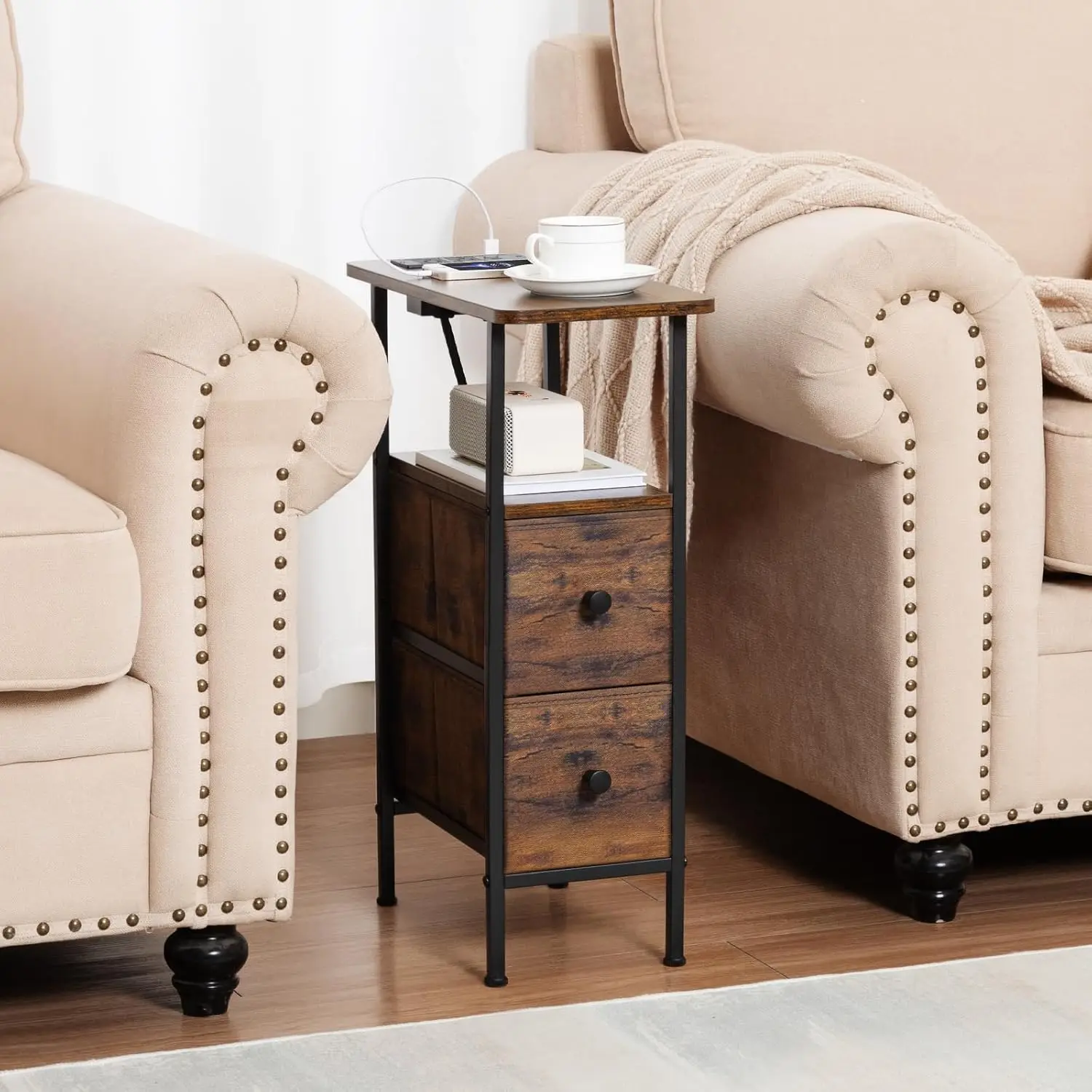 

Nightstand with Charging Station, End Tables Living Room Set of 2, Skinny Side Table with Fabric Drawers, Slim Sofa Table for