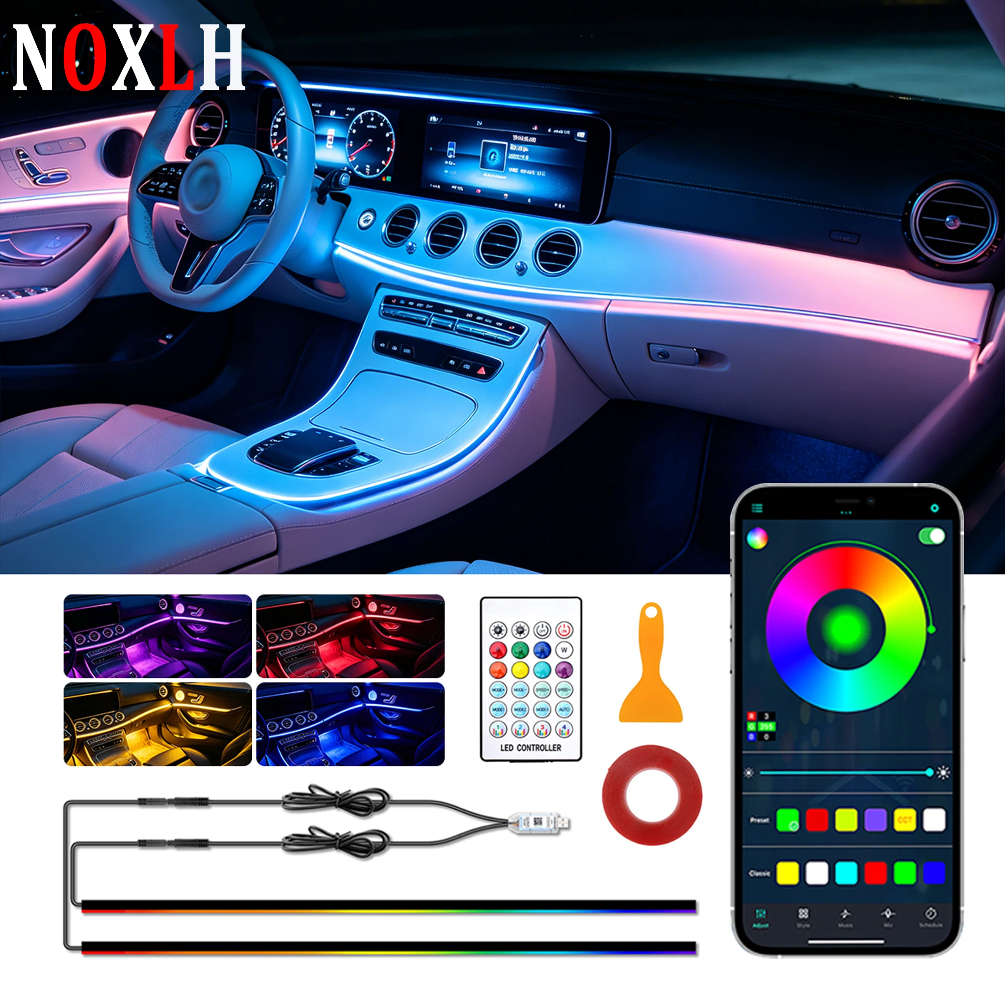 Dynamic RGB Car Dashboard Light Bar Hidden Center Console Atmosphere Lamp USB App Remote Control Auto Interior Decor Accessories