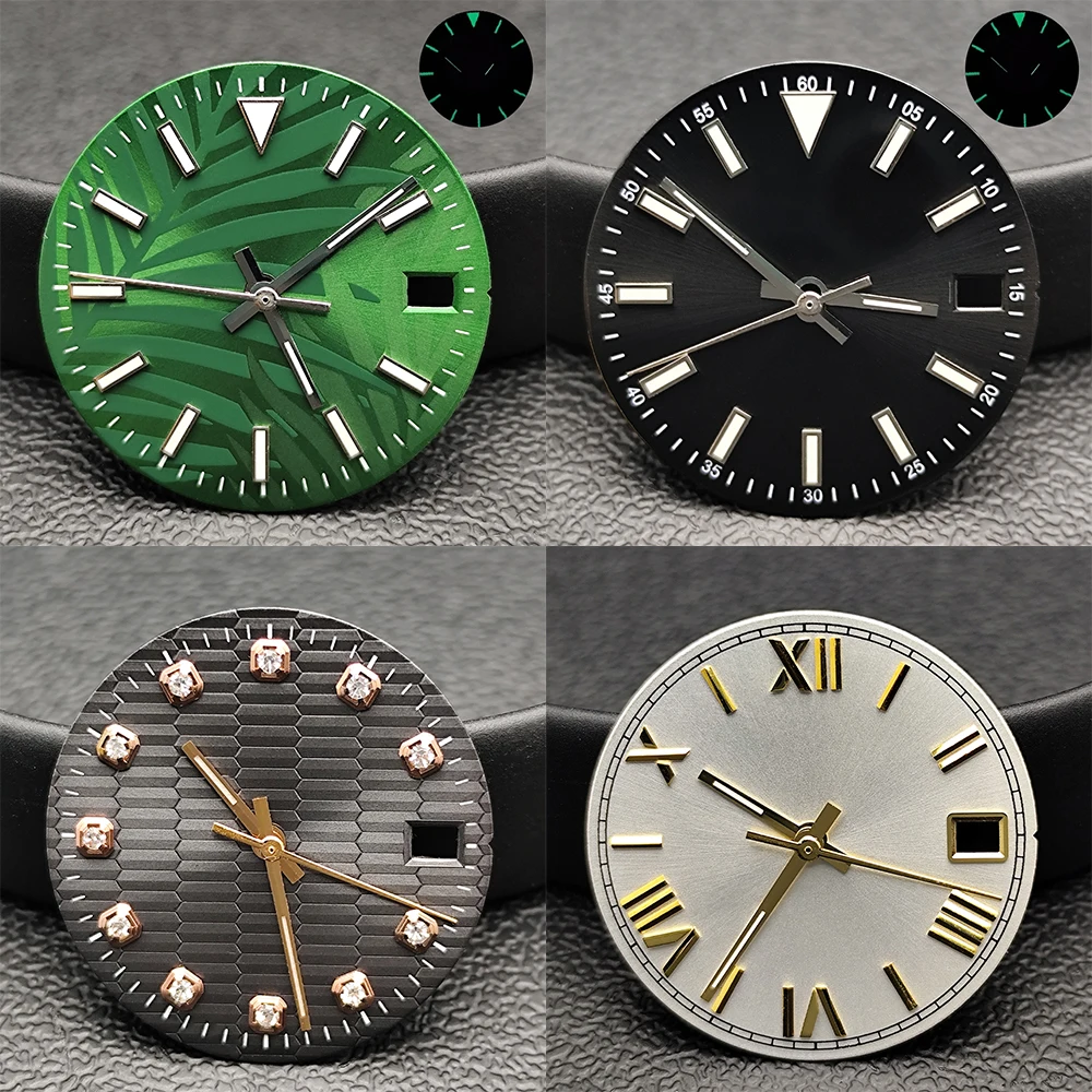 Esfera luminosa verde de 28,5mm, esfera individual/sin calendario con accesorios de movimiento N H35/NH36, piezas de reloj, esfera estéril personalizada