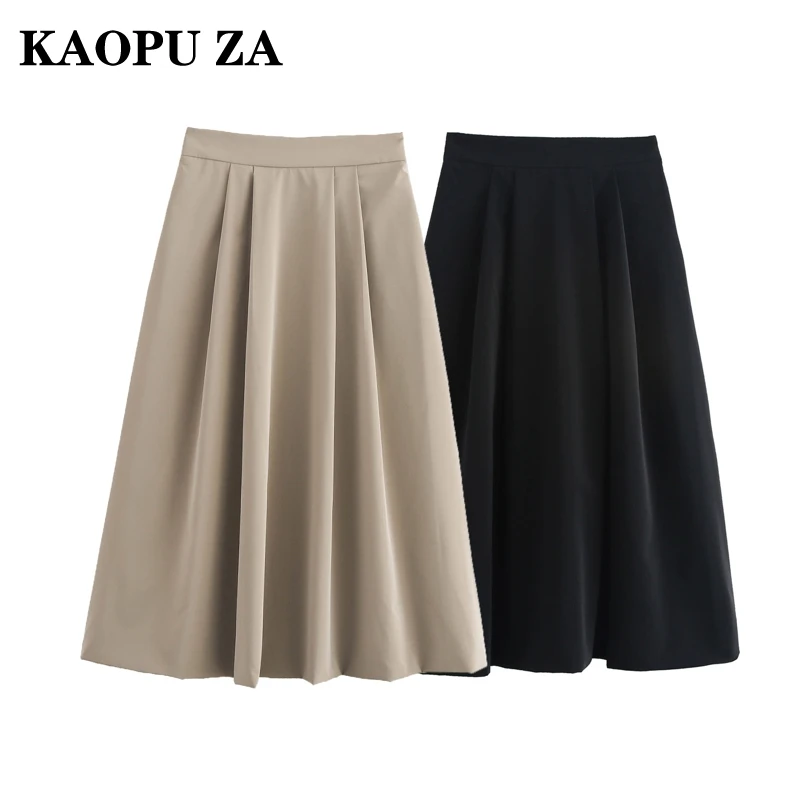 

KAOPU ZA 2024 New Autumn Women's Casual A-line Skirt High Waist Pleated Twill Skirt Office Lady Solid Fashion