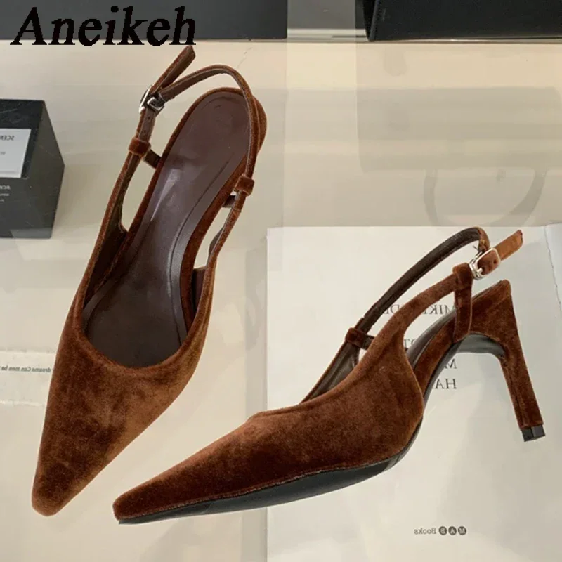 Aneikeh Retro Brown Velvet Pointed Sandals 2026 New Spring/summer Season Slim Heel High-heeled Banquet Dance Shoes Female