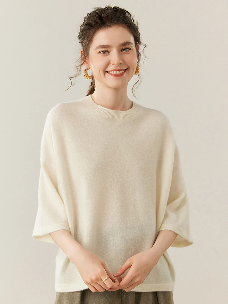 

Chic Spring Autumn Seven-Quarter Sleeve Sweater Women's Casual Loose Simple Style Pullover 100% Cashmere Soft Knitted New Tops