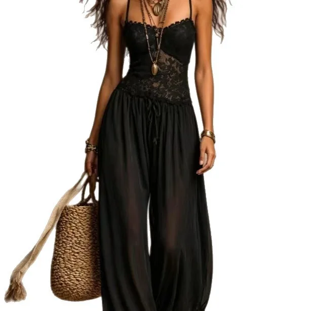Women Nude Lace Halter Jumpsuits Spaghetti Strap V Neck Sheer Loose See Through Playsuit Summer Beach Bohemian One Piece Outfits