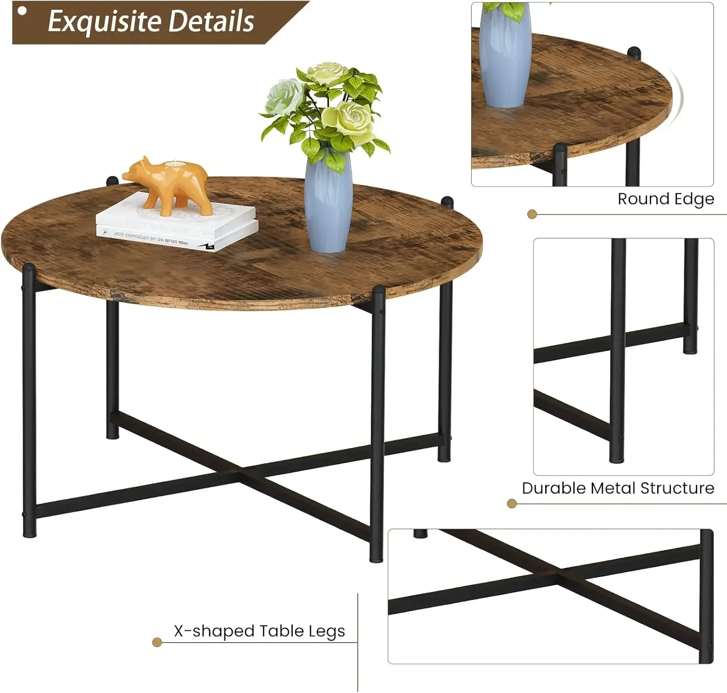 Living Room Coffee Table Set, Rustic Brown Living Room Table Set of 3 Modern Round Center Table with Metal Legs